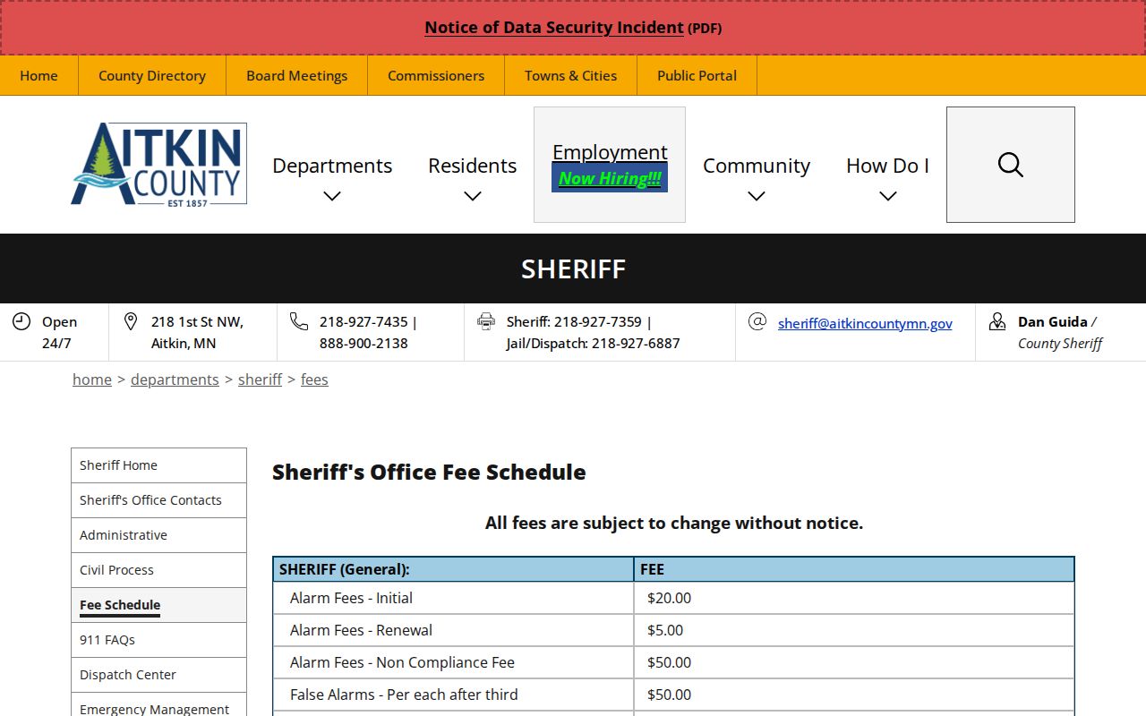 Aitkin County release record and booking photo fee page