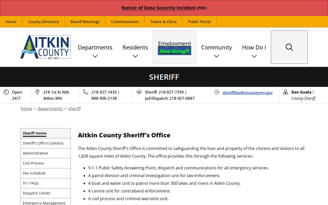 Aitkin County Jail release contact and current custody page