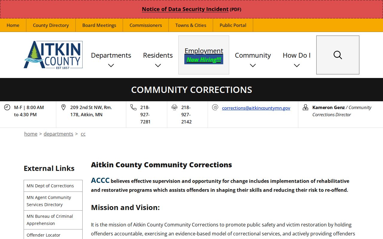Aitkin County Community Corrections post-release supervision office page