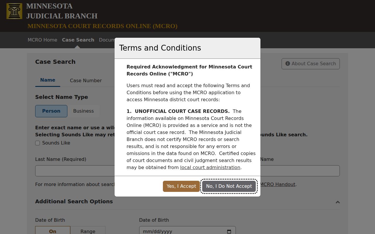 Aitkin County court release record search options in MCRO