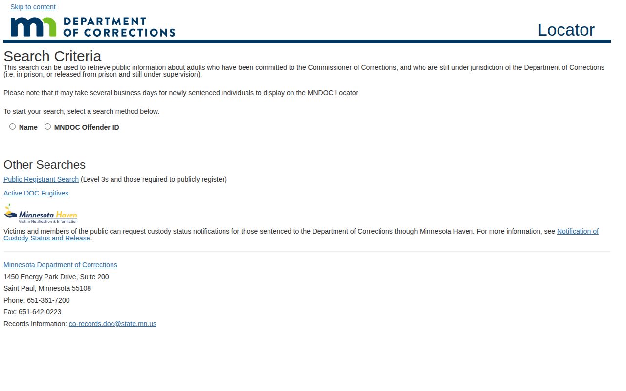 Minnesota DOC release search form for Aitkin County records
